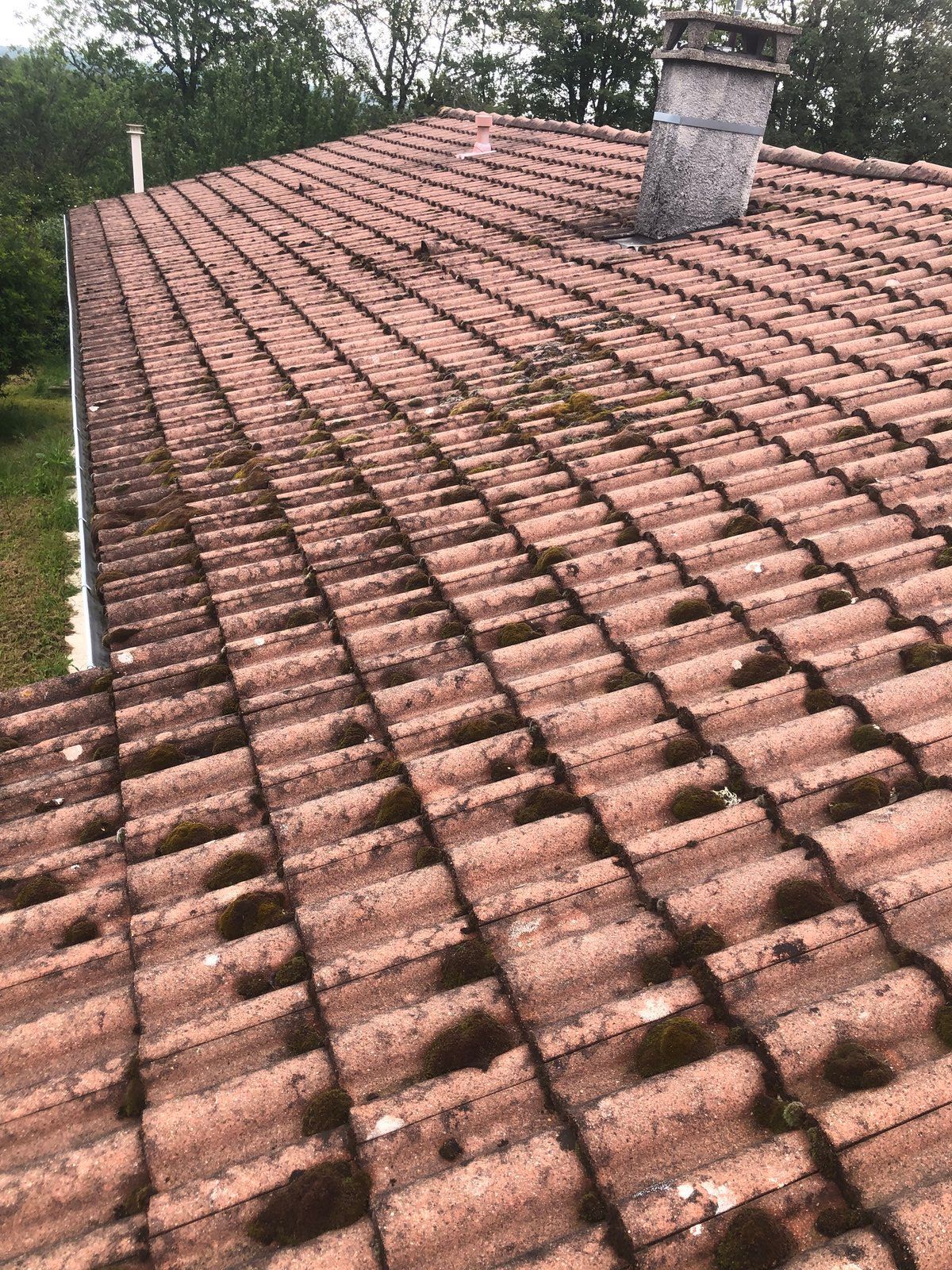 Toit de tuiles rouges avec une cheminée, vu d'en haut, se détachant sur les arbres et le ciel couvert.