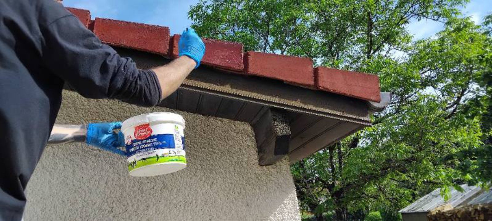 Une personne peint des tuiles rouges sur le toit d'une maison avec un pinceau bleu et un seau de peinture blanche.