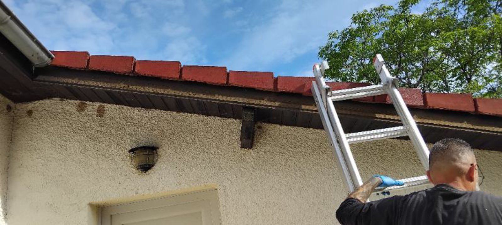 Une personne sur une échelle inspecte le toit et les avant-toits d'une maison sous un ciel bleu.