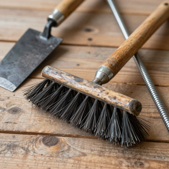 Brosse métallique et truelle à main sur un établi en bois, à côté d'un ressort métallique enroulé.