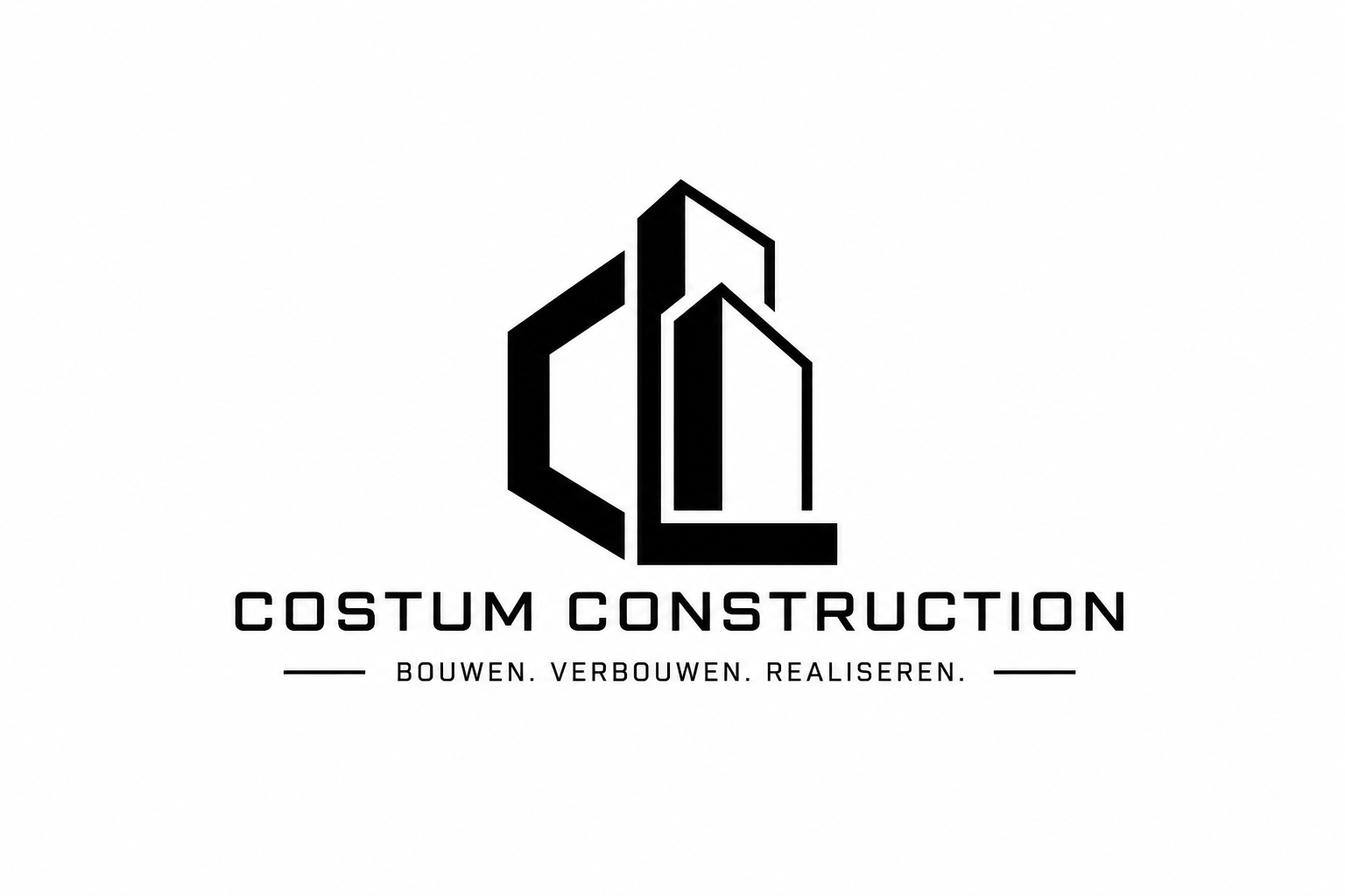 Zwart geometrisch gebouwlogo met de tekst "COSTUM CONSTRUCTION" en daaronder kleinere locatie-informatie.