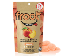 Froot peach cannabis-infused premium fruit chews package with peach candies and CBD:THC label
