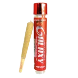 Red Strawberry CaliXy pre-roll tube with a joint beside it on a white background