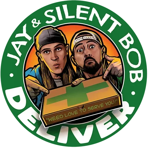 Logo with two cartoon men and a package, reading “Jay & Silent Bob Driver” in green and white.