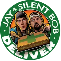 Logo with two cartoon men and a package, reading “Jay & Silent Bob Driver” in green and white.