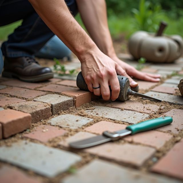 Person kneeling, placing a tool between bricks. Brick patio, brown shoe, green-handled trowel visible.