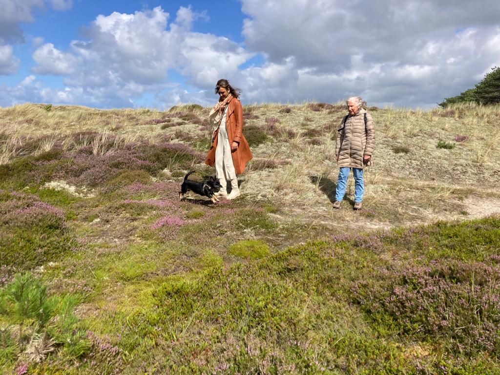 Twee mensen wandelen met een hond op een heideveld vol paarse bloemen onder een bewolkte blauwe hemel.