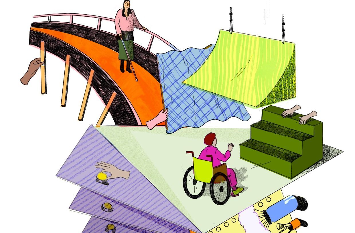 Persoon op de brug, persoon in een rolstoel. Toegankelijkheidsbarrières worden weergegeven door gescheurd papier en een losgekoppelde hellingbaan.