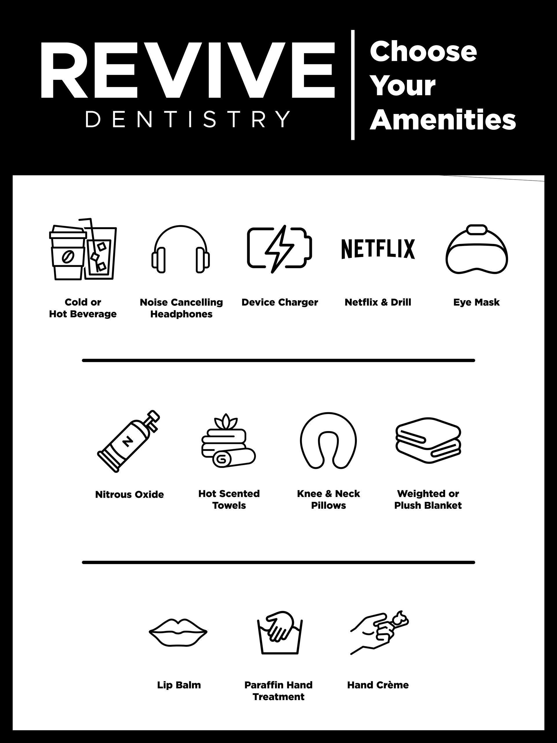 The Revive Dentistry amenities menu