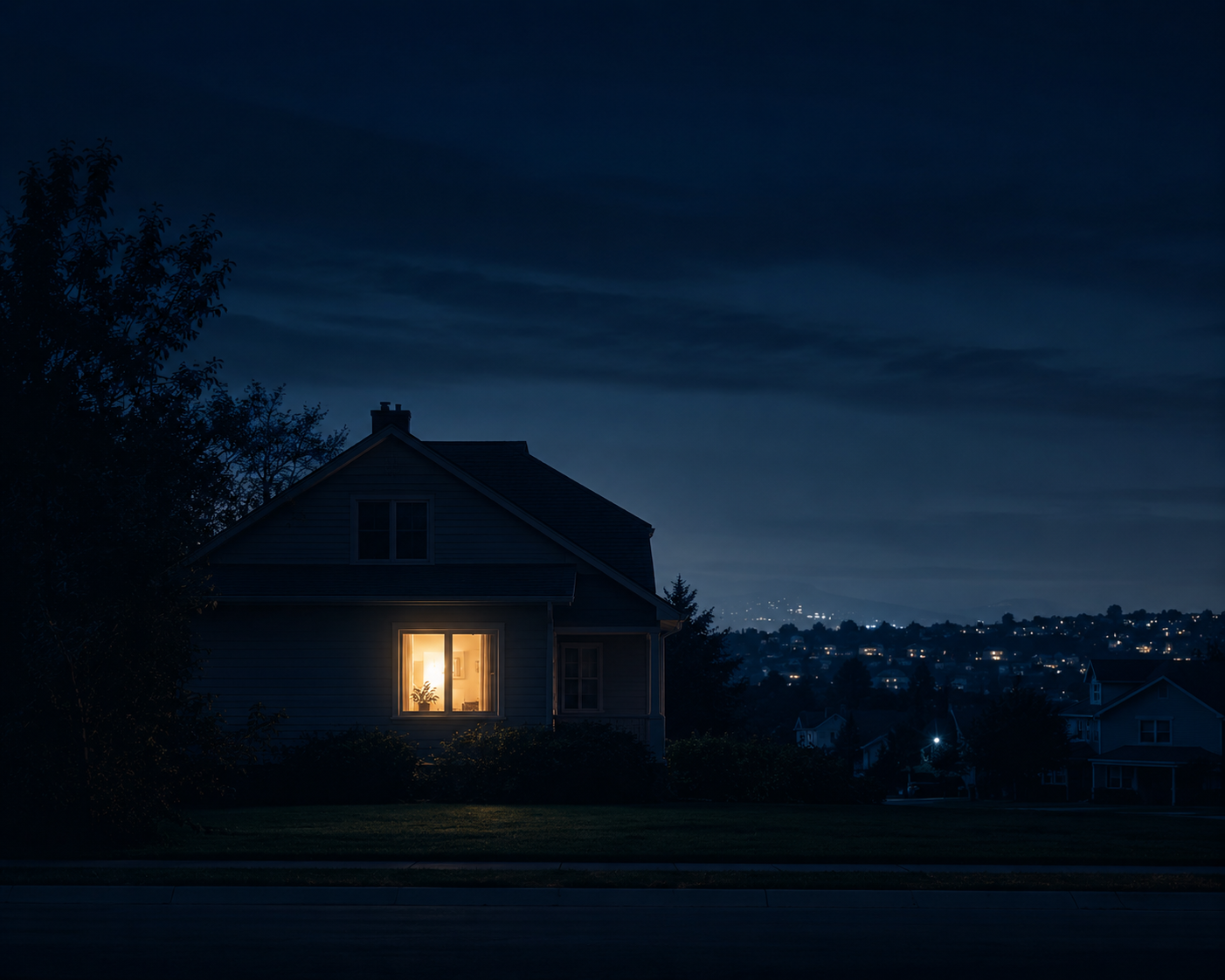 An illuminated house at night representing the unseen moments between care appointments and support.