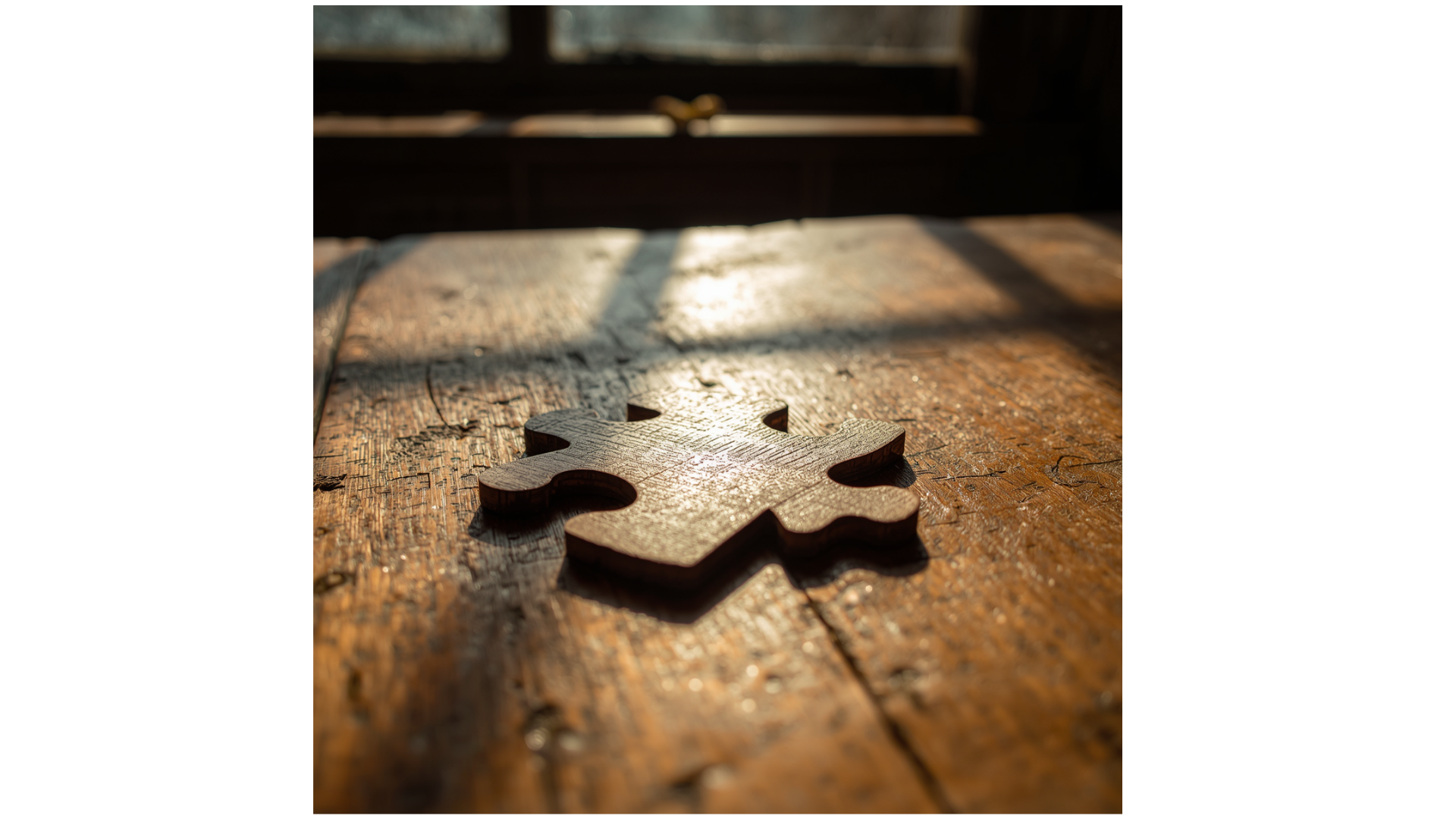 A single puzzle piece resting on a wooden table in soft natural light, symbolizing the missing link