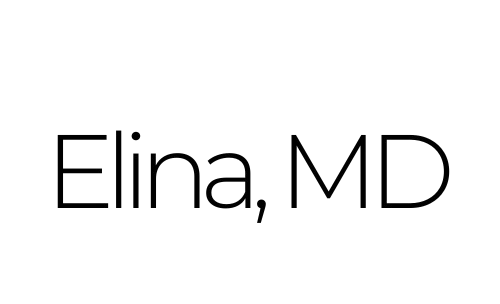 A black and white logo for elina md on a white background.