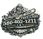 Logo for Richards Tree Care featuring a beaver in a hard hat holding a STIHL chainsaw, with contact number 580-402-1211.