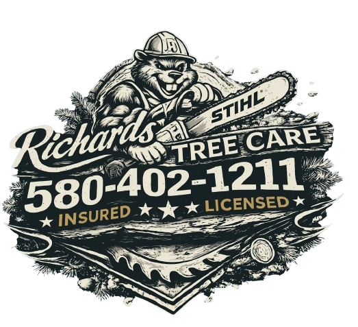 Logo for Richards Tree Care featuring a beaver in a hard hat holding a STIHL chainsaw, with contact number 580-402-1211.