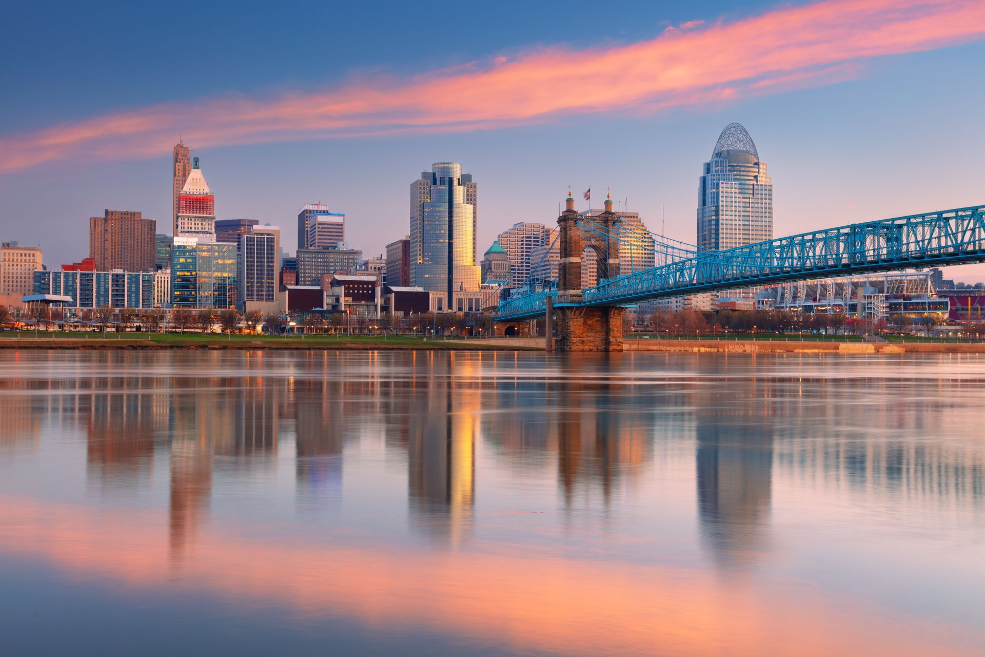 Cincinnati skyline at sunset with the John A. Roebling Suspension Bridge reflected on the river