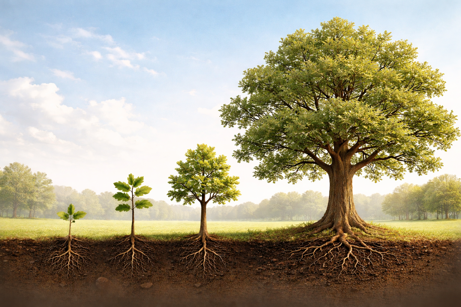 Tree growth stages from seedling to mature tree in a sunny field, with roots visible underground