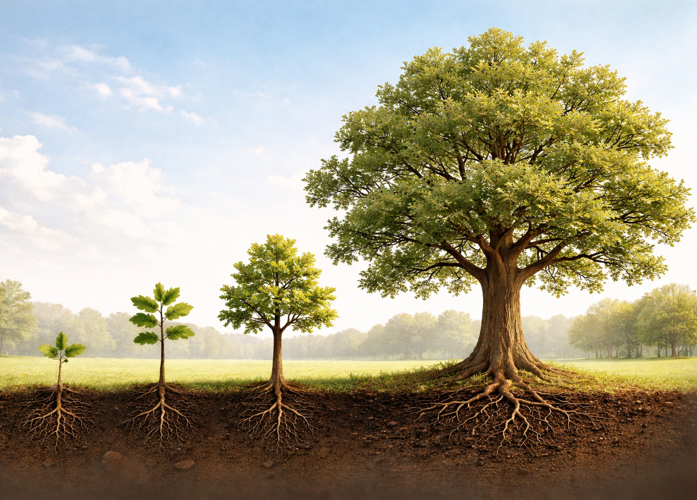 Tree growth stages in a field, from sapling to large leafy oak with visible roots