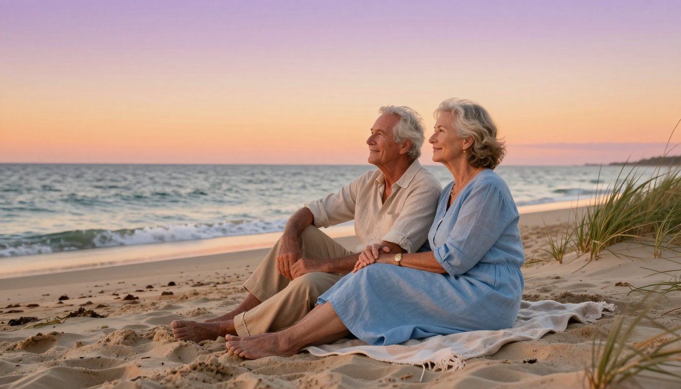 Two people sit on a blanket on a beach, watching a sunset over the ocean.