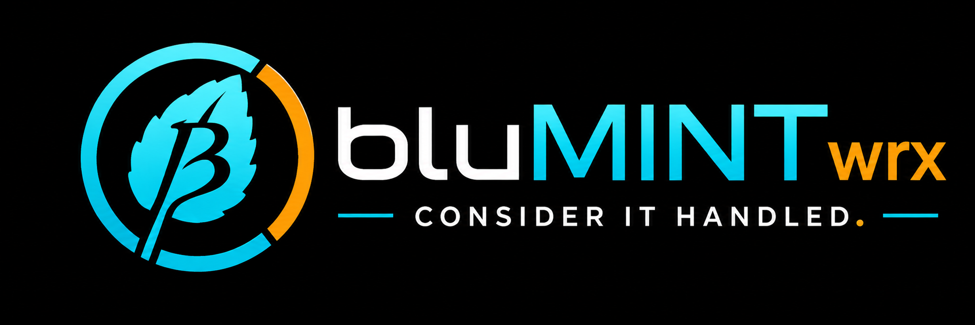 BluMINT wrx logo in black, cyan, and orange with the tagline “Consider it handled.”