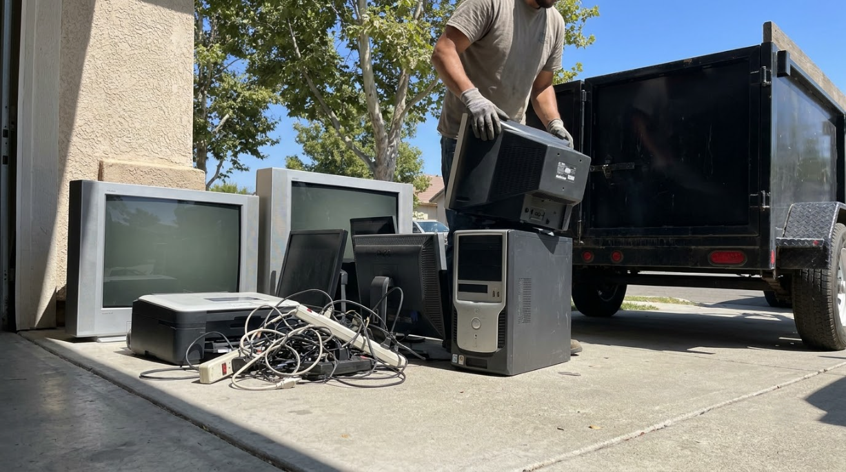 Person loading old computer equipment beside a black truck at a building entrance