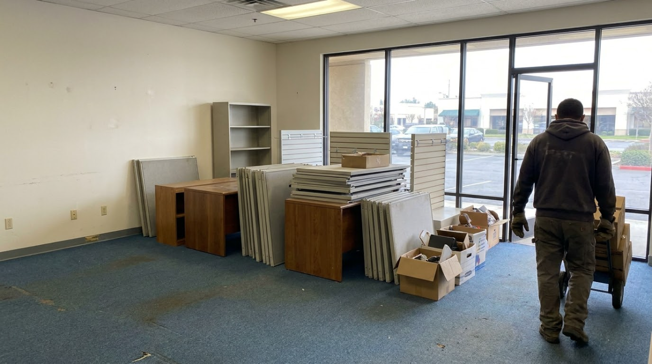 Empty office with stacks of wooden panels and boxes near large windows; a person walks away on the right.