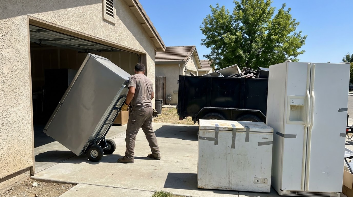 Worker tipping a tilted appliance into a garage driveway beside stacked appliances on a sunny day