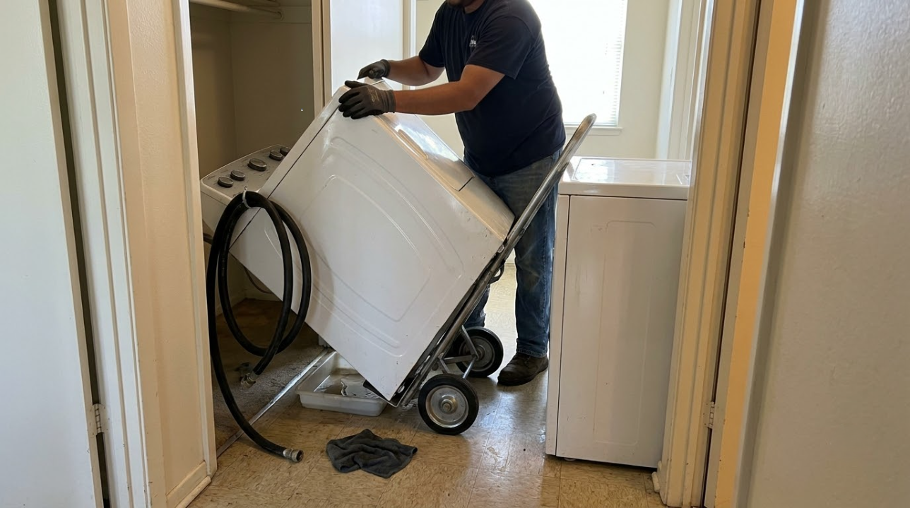 Person moving a white appliance through a narrow hallway, using a dolly near a doorway.