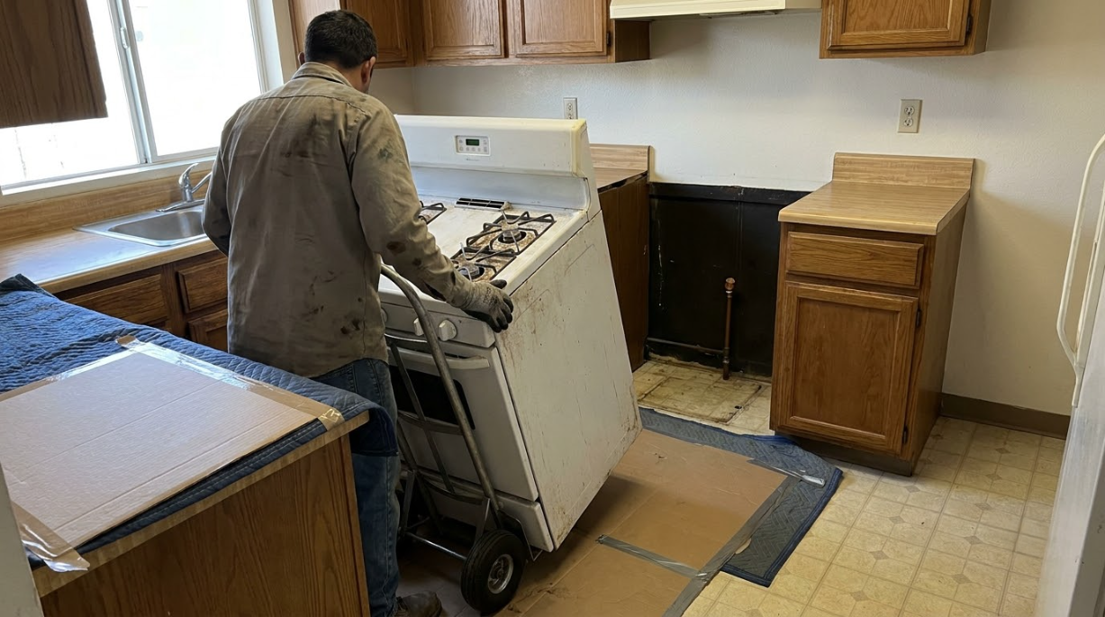 Person moving a white stove through a small kitchen with wood cabinets and tiled floor