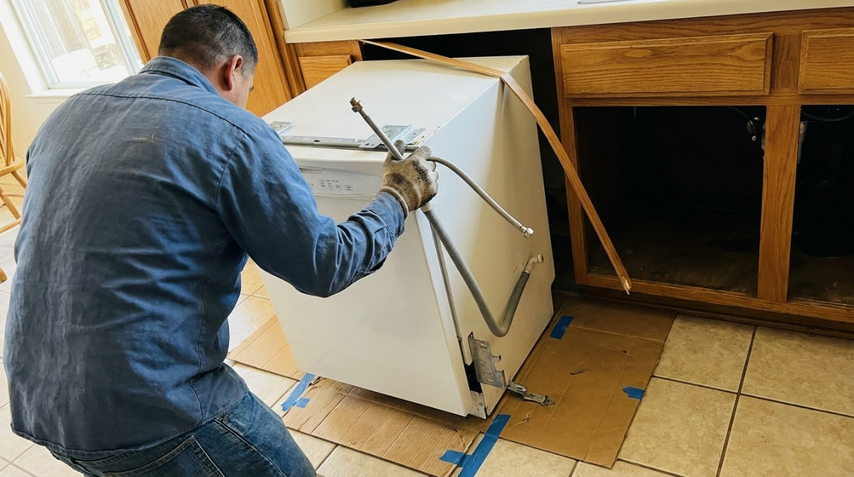Worker moving a white refrigerator with a dolly in a kitchen under renovation