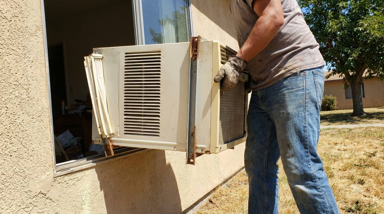 Person removing a window air conditioner from a house wall outdoors
