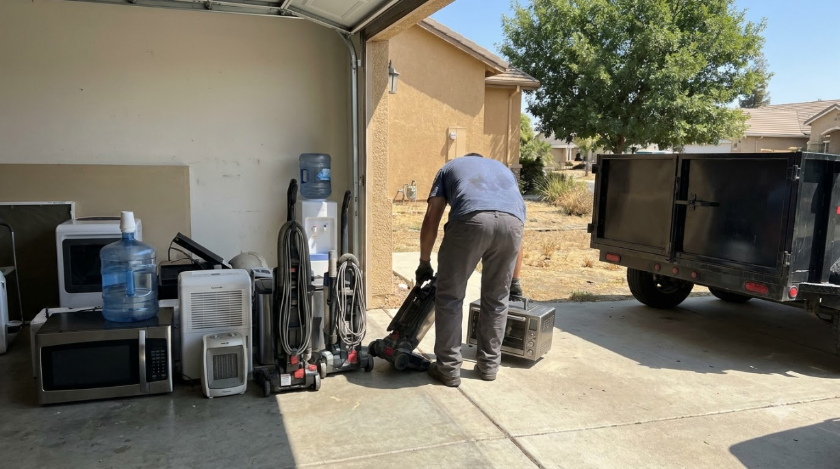 Man loading metal equipment into a dumpster beside a garage in bright daylight