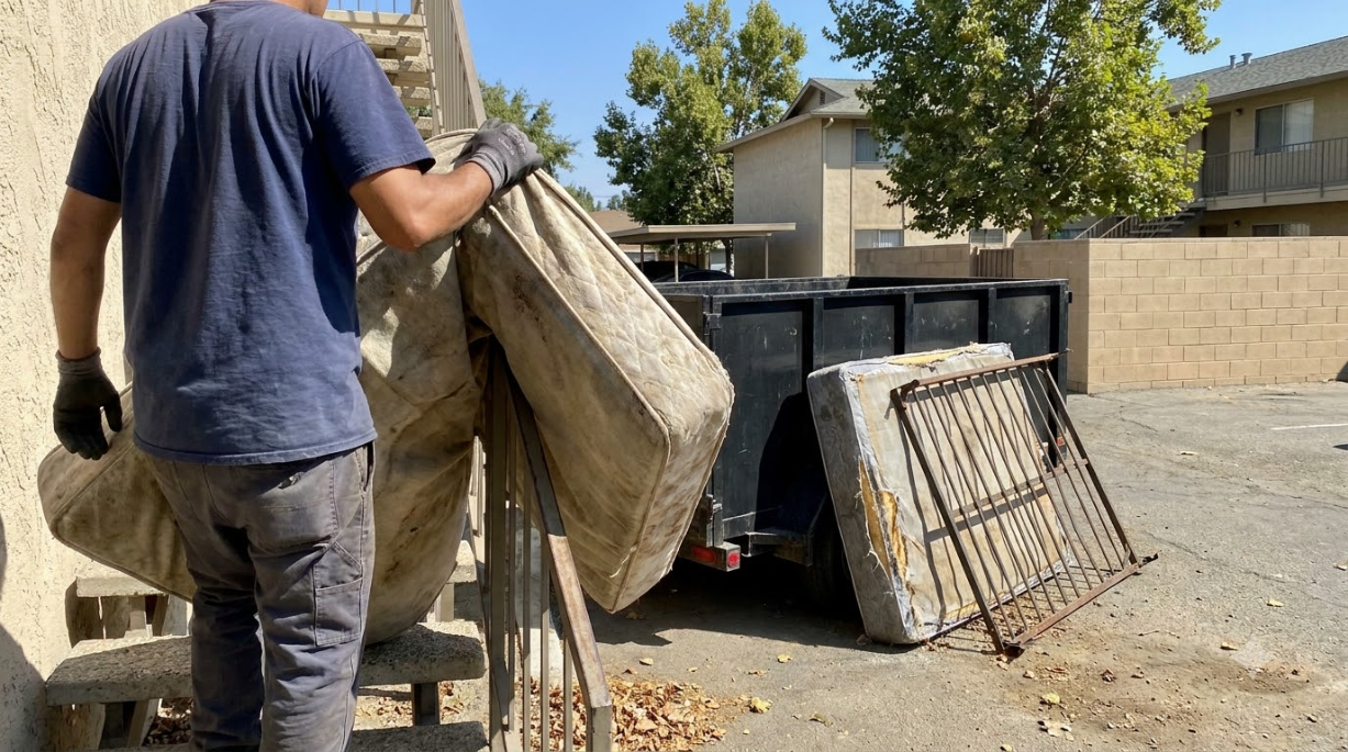 Man hauling a mattress and metal bed frame beside a trailer in a dusty yard