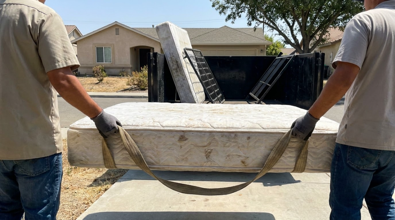Two workers carry a white concrete block on straps in a residential driveway.