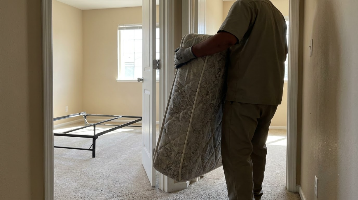 Person carrying a mattress down a hallway in a mostly empty room.