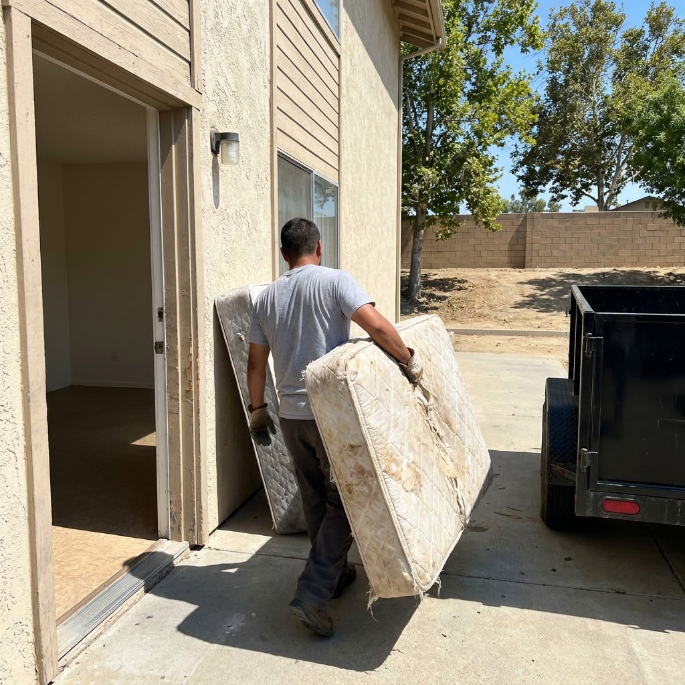Person carrying a mattress beside a house and trailer in a sunny driveway