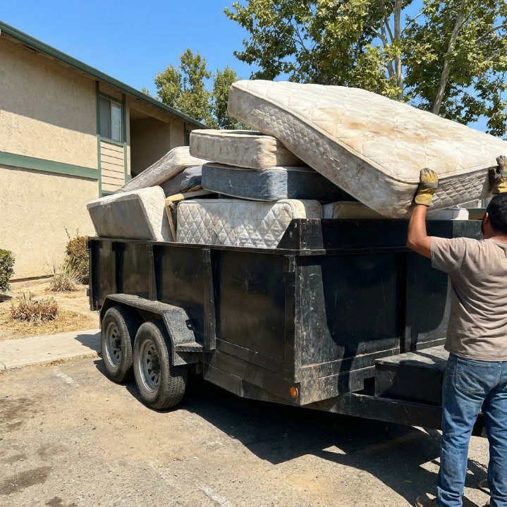 Man loading large foam cushions onto a black utility trailer in a sunny parking lot
