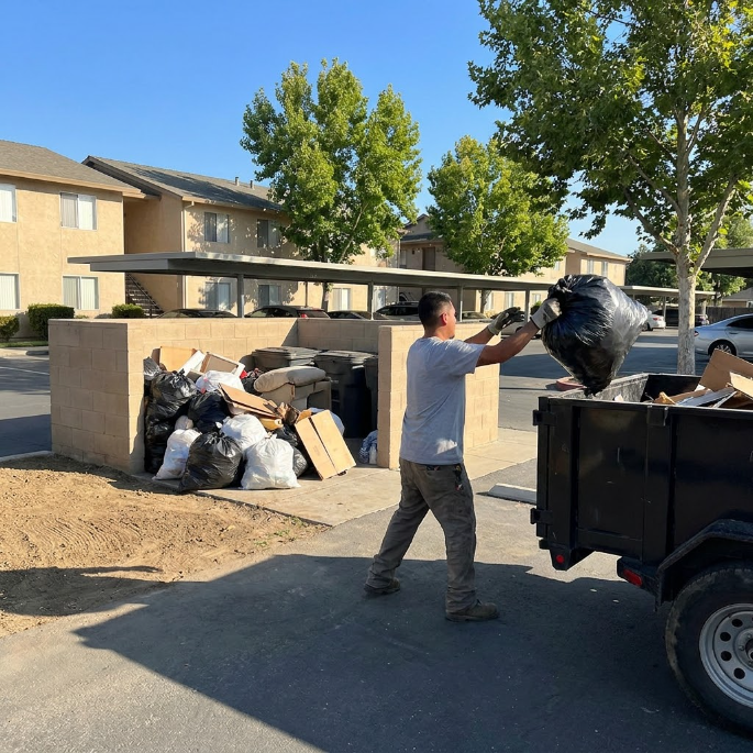 Man loading black trash bags into a truck beside a curbside pile of debris at an apartment complex