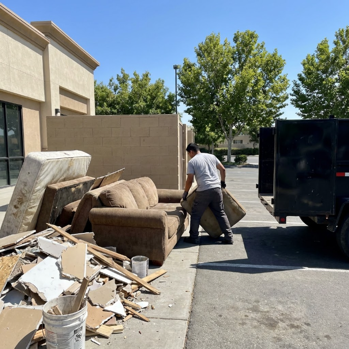 Man loading old furniture and debris into a truck beside a beige building on a sunny day