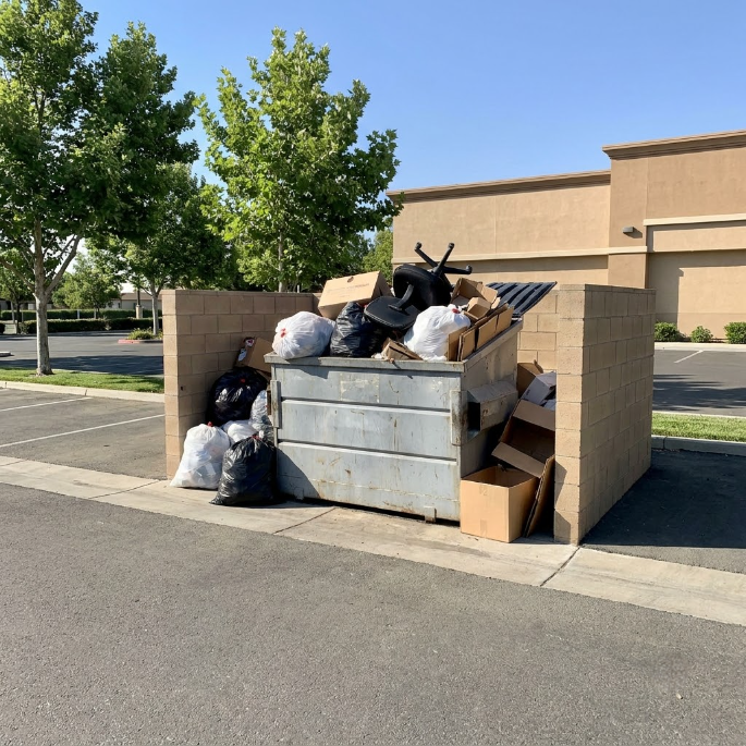 Overflowing dumpster with garbage bags and boxes beside a beige building on a sunny day