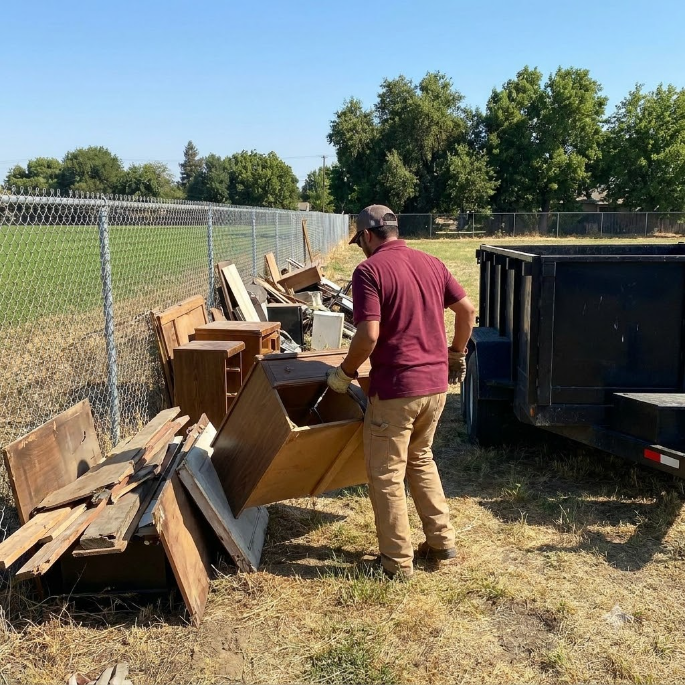 Person in maroon shirt and cap hauling wood debris beside a chain-link fence and black dumpster.