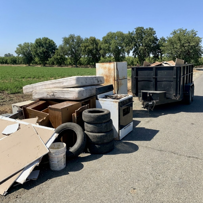 Pile of discarded furniture, tires, and bins on a roadside under a blue sky.