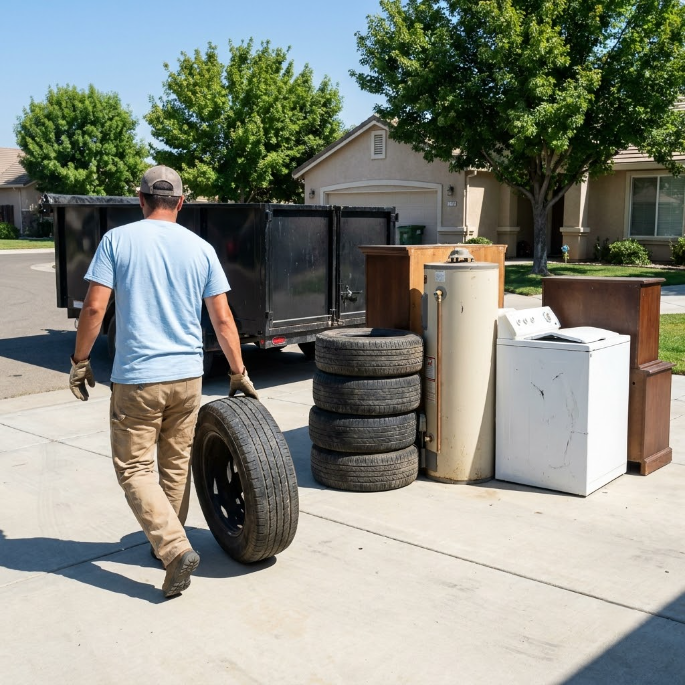 Man carrying a tire past stacked furniture and appliances on a suburban driveway