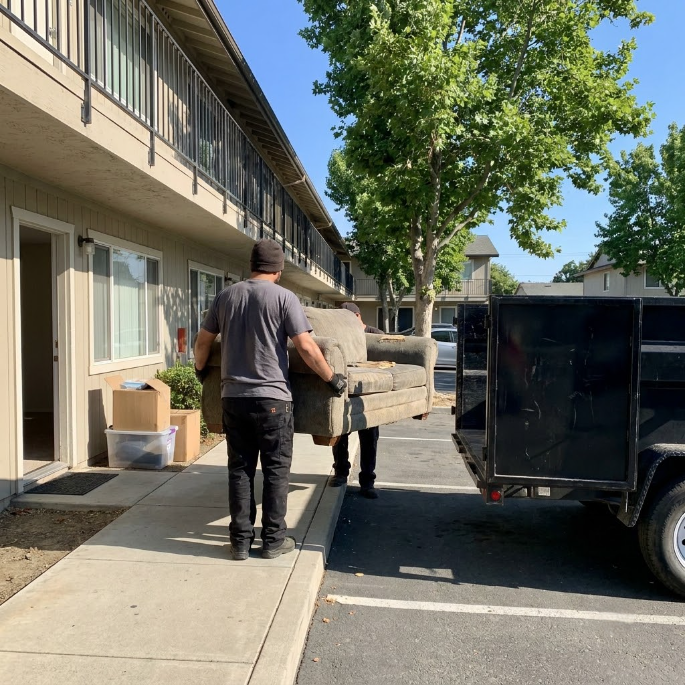 Two workers carry a rolled carpet beside a building, with a truck parked nearby.