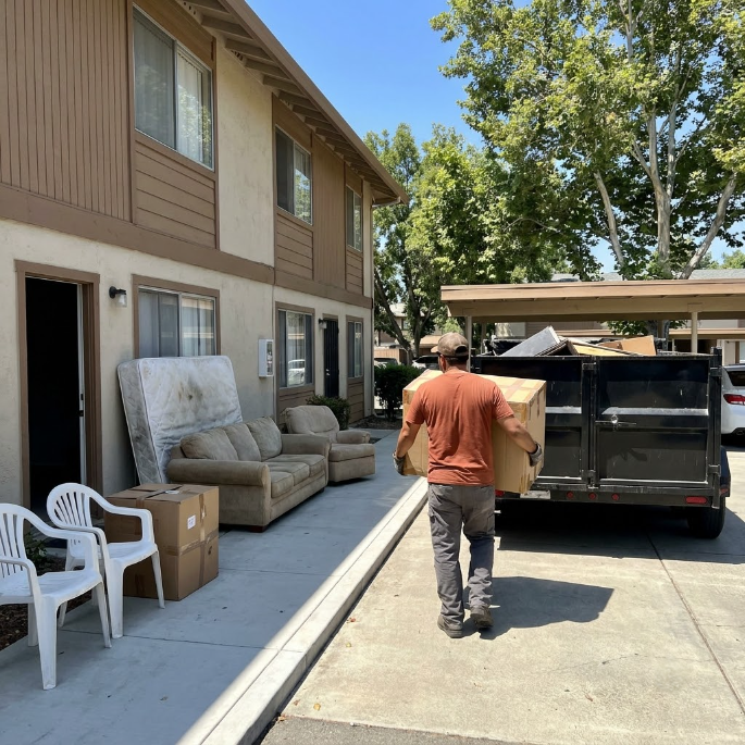 Person carrying a box beside a black trailer in a driveway outside an apartment building