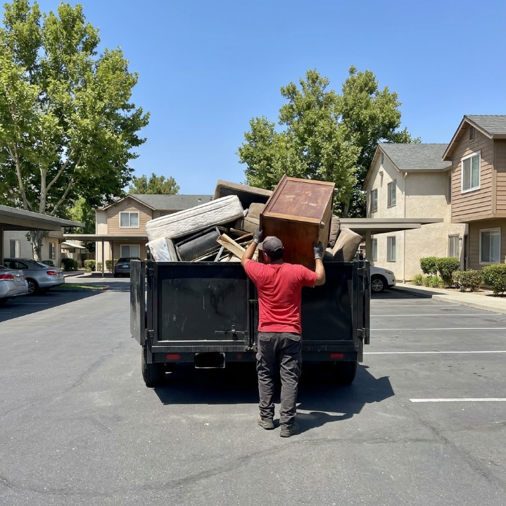 Person in red shirt lifts furniture into a black truck in a sunny apartment parking lot.