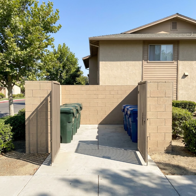 Apartment side yard with open gates, trash bins, and a concrete walkway in front of a beige building