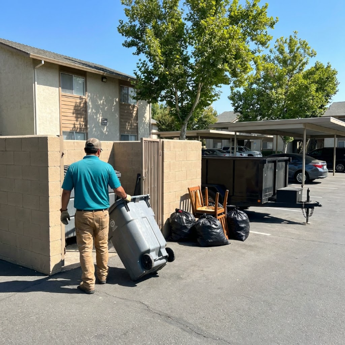 Person carrying a trash bin through an apartment complex parking area with garbage bags nearby