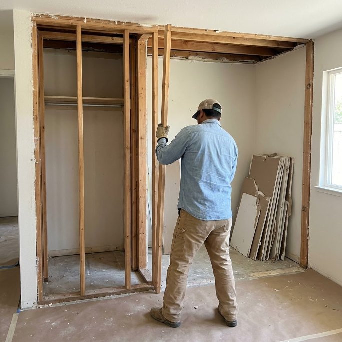 Worker framing interior wall in a room under renovation, with exposed studs and wood trim.