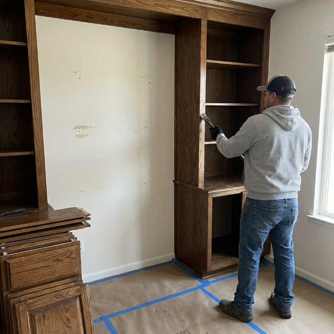Person installing a dark wood built-in cabinet around a white wall in a room under renovation