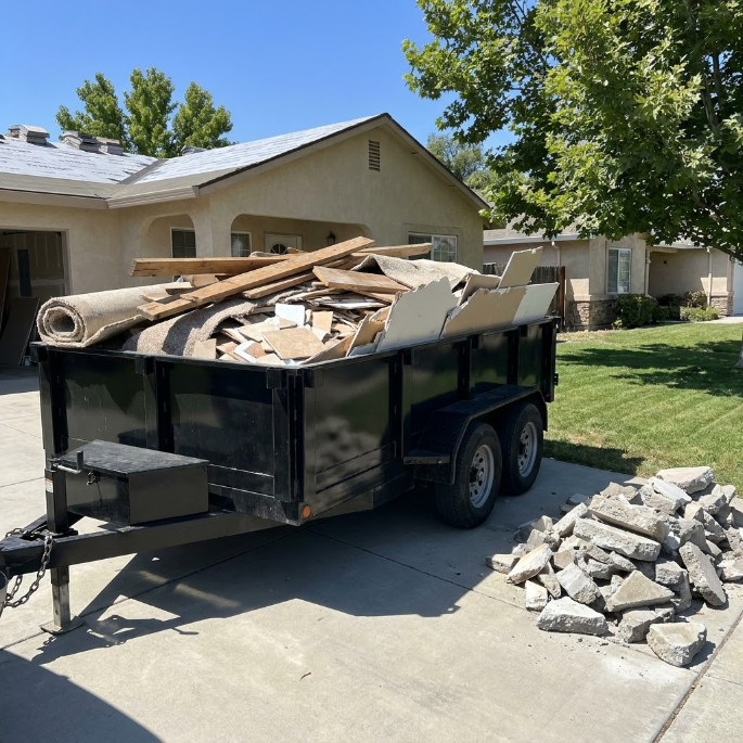 Black trailer loaded with debris in a suburban driveway, with a pile of concrete rubble nearby.